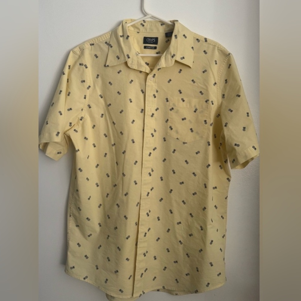 Chaps Easy Care Cotton blend Pale Yellow Pineapple print Short Sleeve Shirt